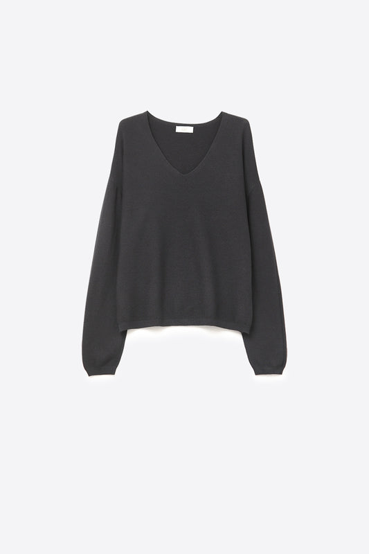 Black Fine Knit V-Neck Sweater with Subtle Linear Texture -