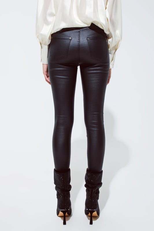Black gloss Look Pants with Stretchband - Trousers