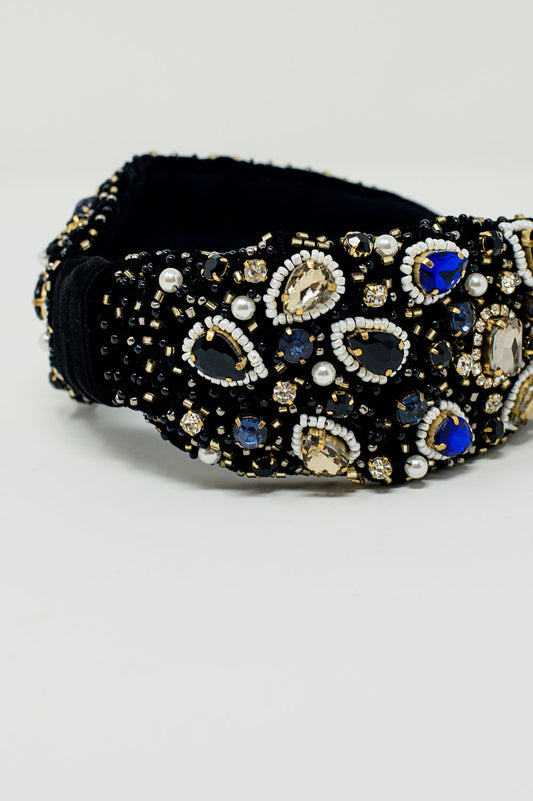 Black Headband with Big and Small Embroidered Jewells - Headbands