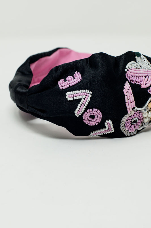 Black Headband With Embroidered Bird - Headbands