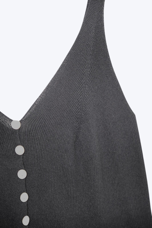 black Knit Buttoned Crop Top - Tops