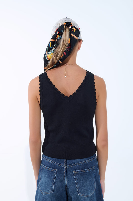 Black Knit V-Neck Top with Scalloped Edges - Tops