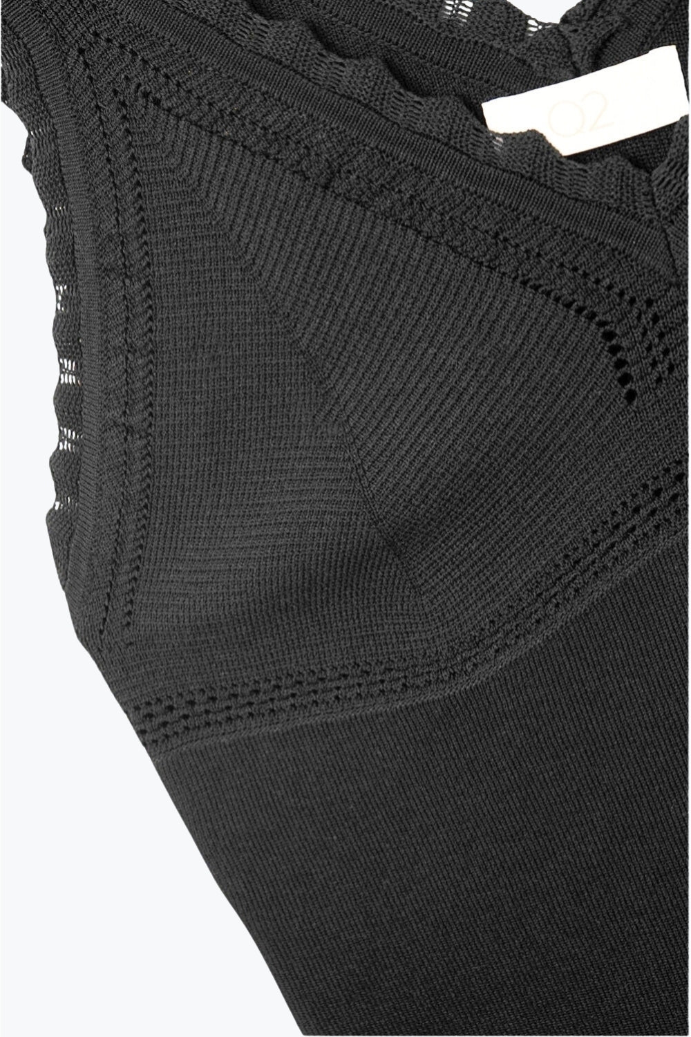 Black Knit V-Neck Top with Scalloped Edges - Tops