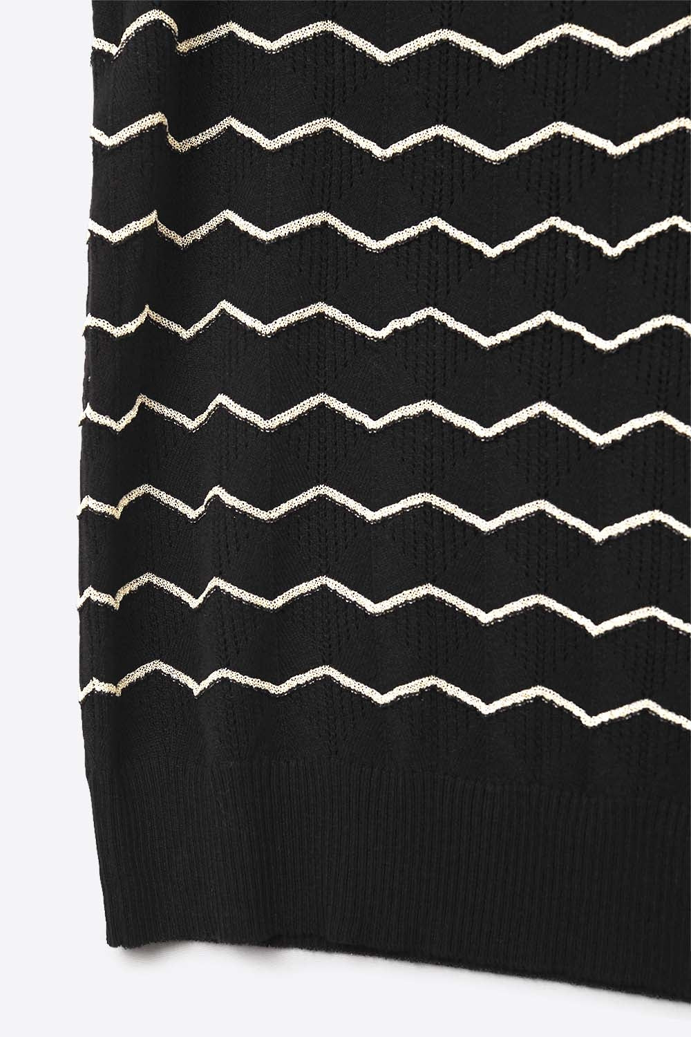Black Knitted sweater with Golden Zigzag Pattern - Tops