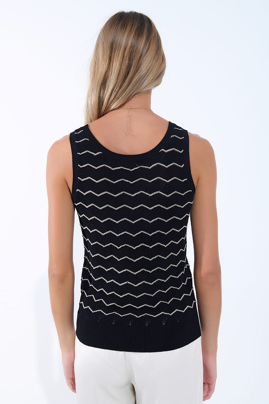 Black Knitted sweater with Golden Zigzag Pattern - Tops