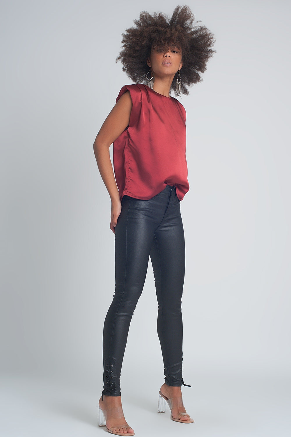 Black leather effect trousers with hem lace-up - Trousers