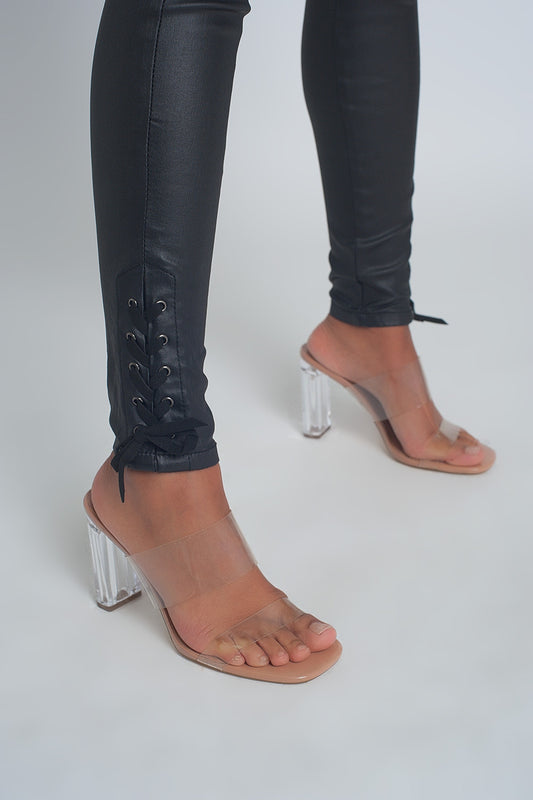 Black leather effect trousers with hem lace-up - Trousers