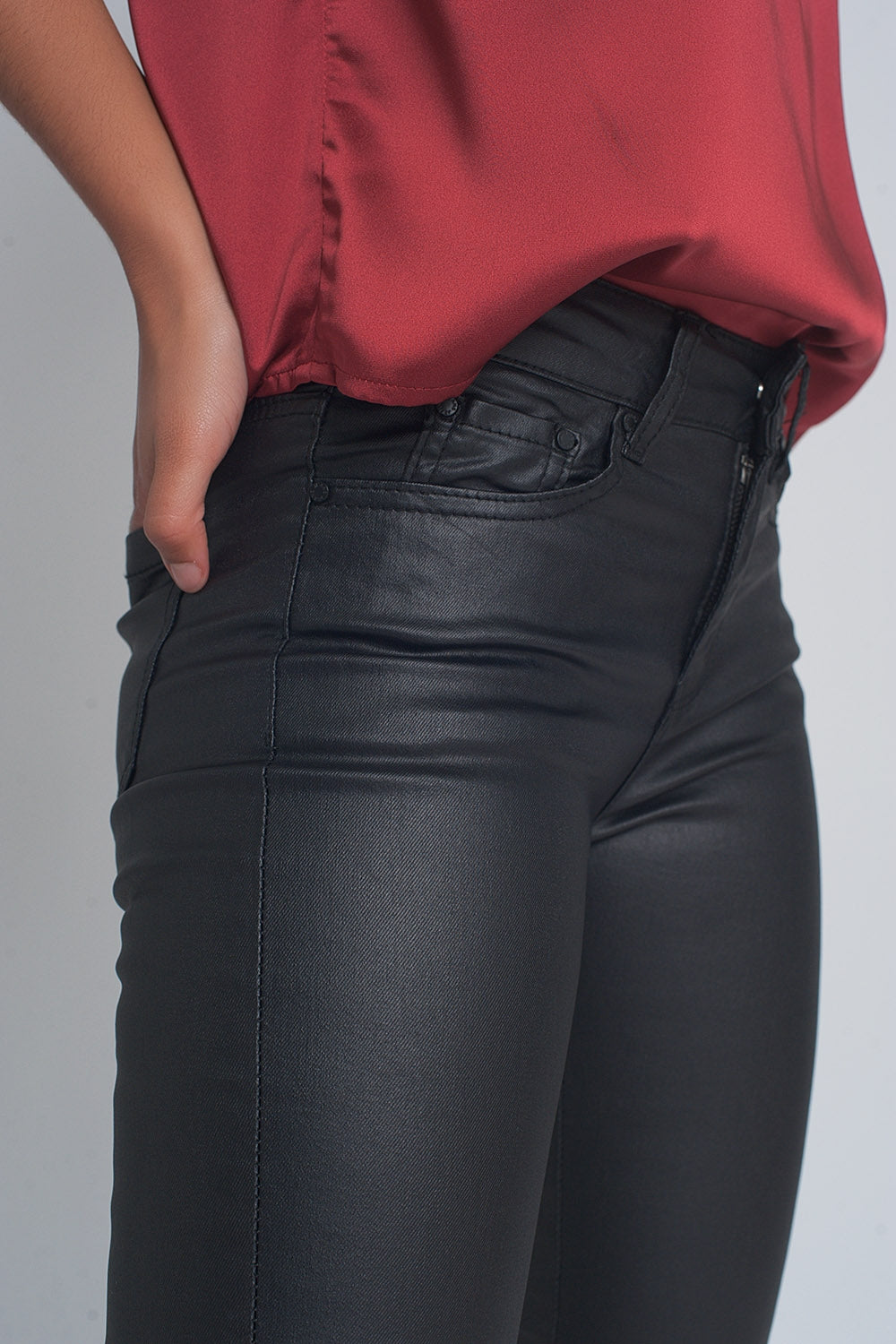 Black leather effect trousers with hem lace-up - Trousers