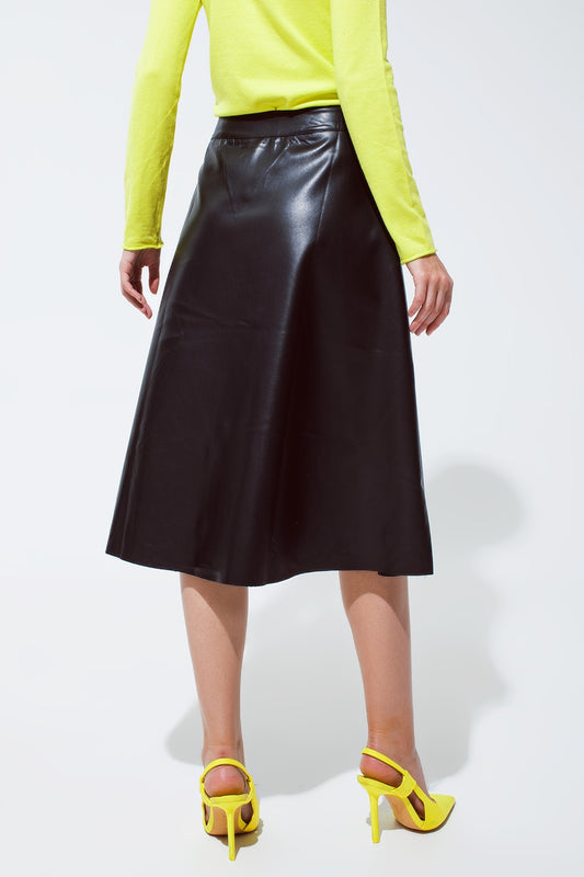 Black Leatherette buttoned Midi skirt - Skirts