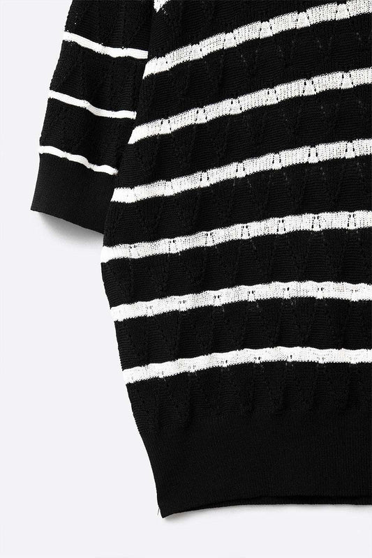 Black Openwork Knit Top with Short Sleeves and White Stripes - Jumpers