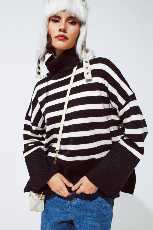 Black oversized trutleneck sweater with white stripes and splits on the side - Jumpers