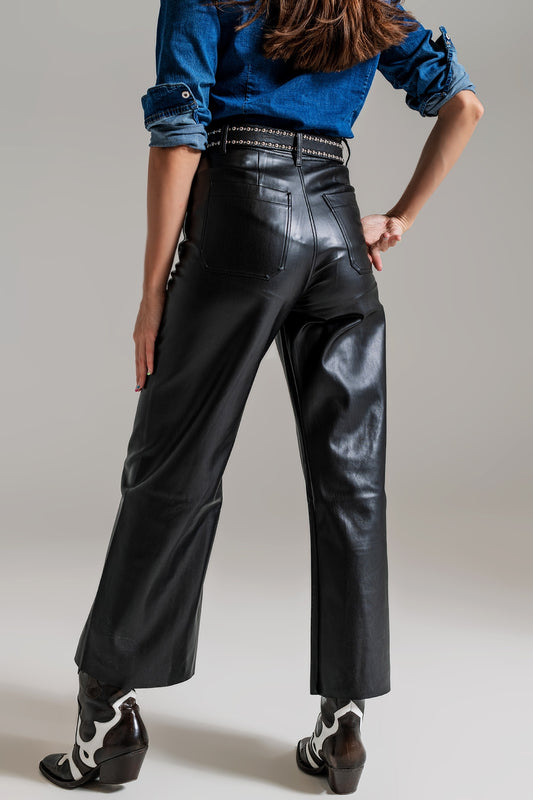 black palazzo-style faux leather pants with pocket detail - Trousers