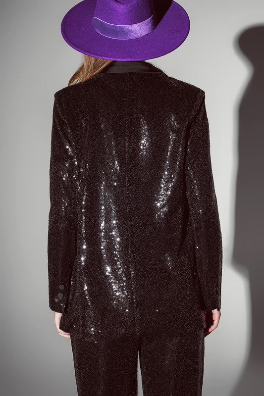 Black Sequin tuxedo Blazer with Satin Lapels - Blazers