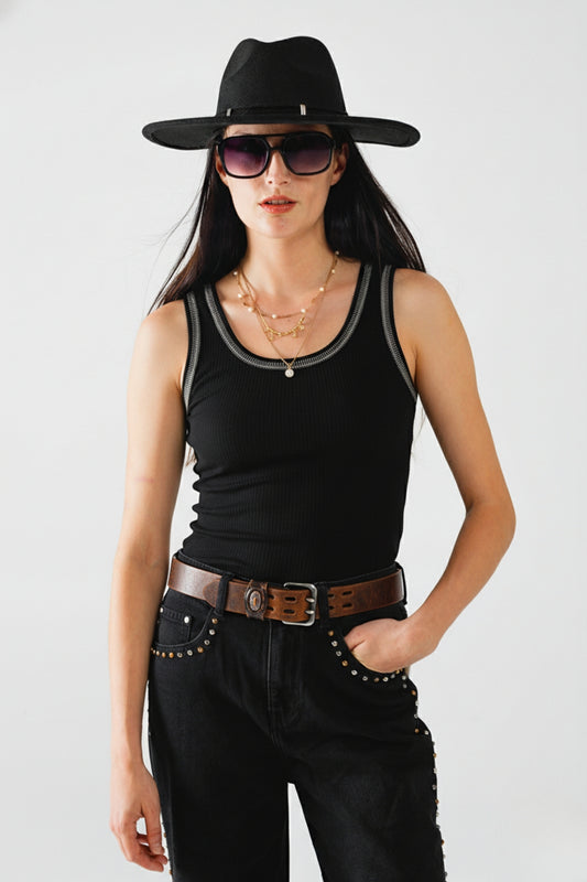 Black Sleeveless Knit Top with Metallic Trim -