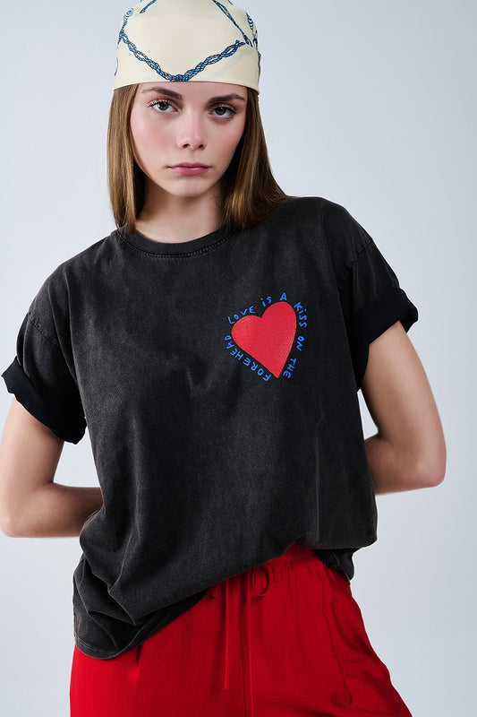 Black T-shirt featuring a heart design on both the front and back - T-Shirts