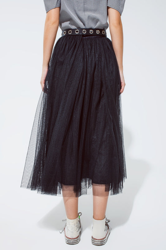 Black tulle midi skirt with elastic waist - Skirts