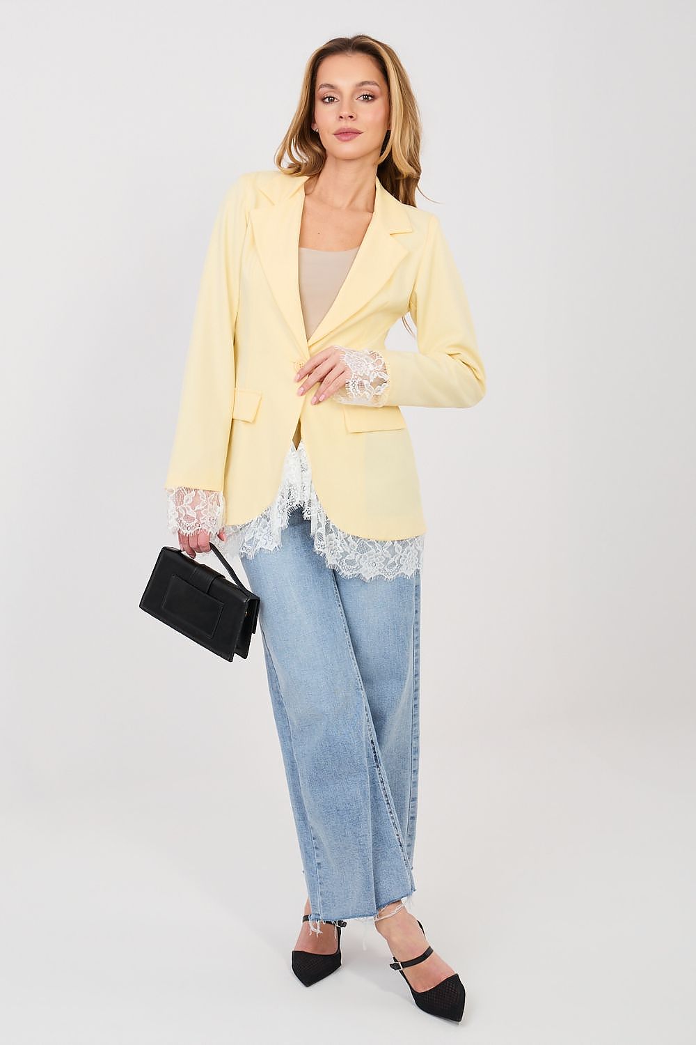 Factory Price yellow blazer with lace trim, styled with light denim and a black handbag