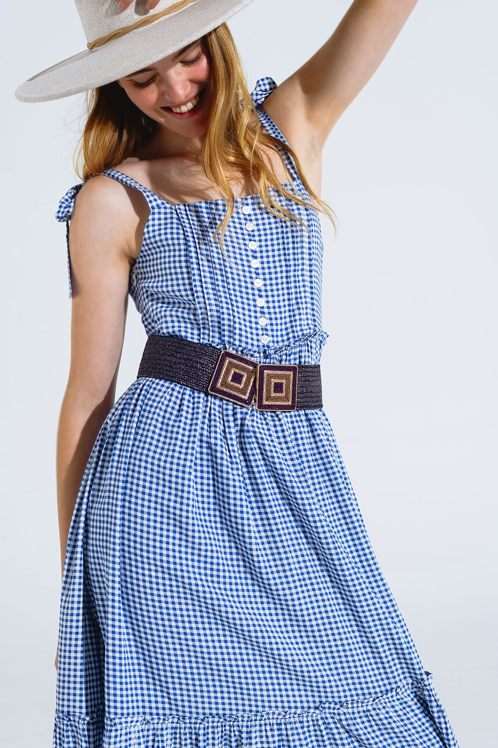 Blue and White Gingham A-line Dress With Adjustable Straps - Dresses