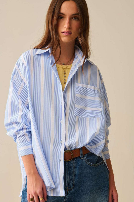 Blue and White relaxed fit Striped Shirt Tie at The Back - Shirts