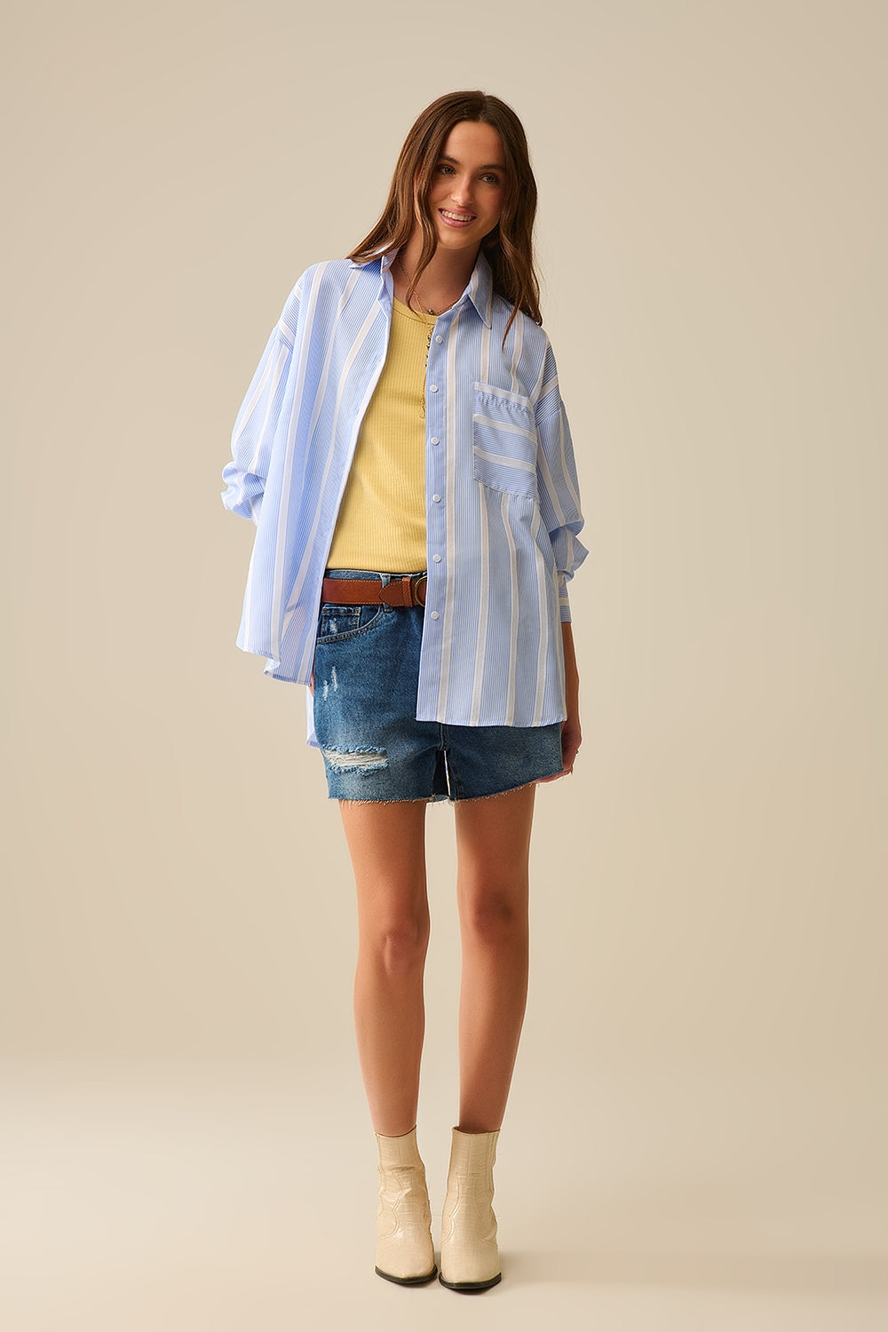 Blue and White relaxed fit Striped Shirt Tie at The Back - Shirts
