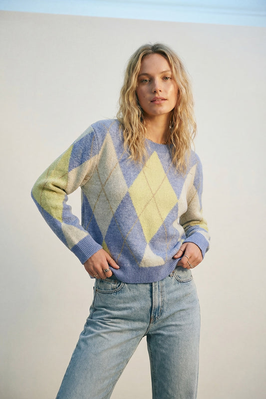 Blue and yellow diamond patterned sweater in soft fluffy knit - Sweaters