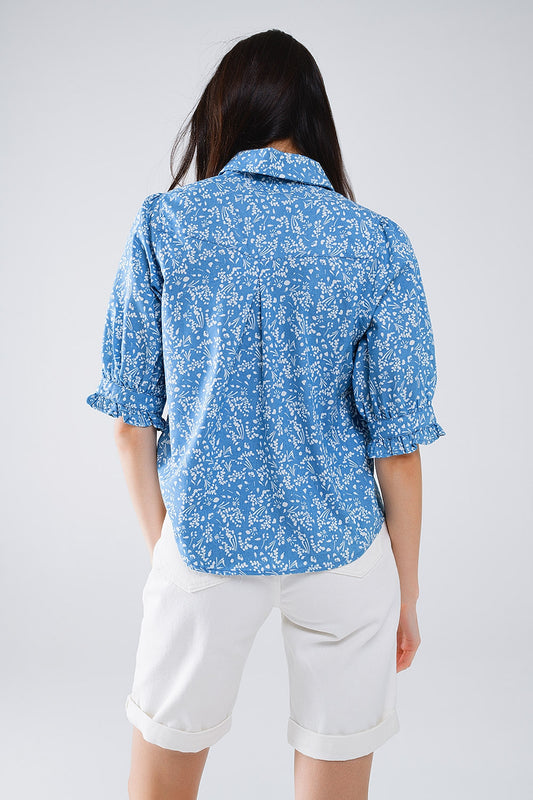 Blue Blouse with Floral Design and short sleeves - Blouses