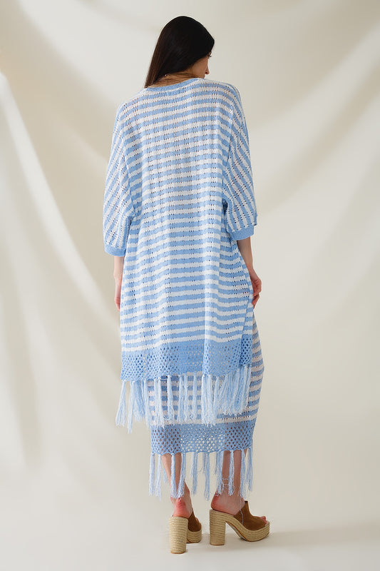 Blue Boho Style Cardigan With Stripes Pointelle Knit and Fringe Details - Cardigans