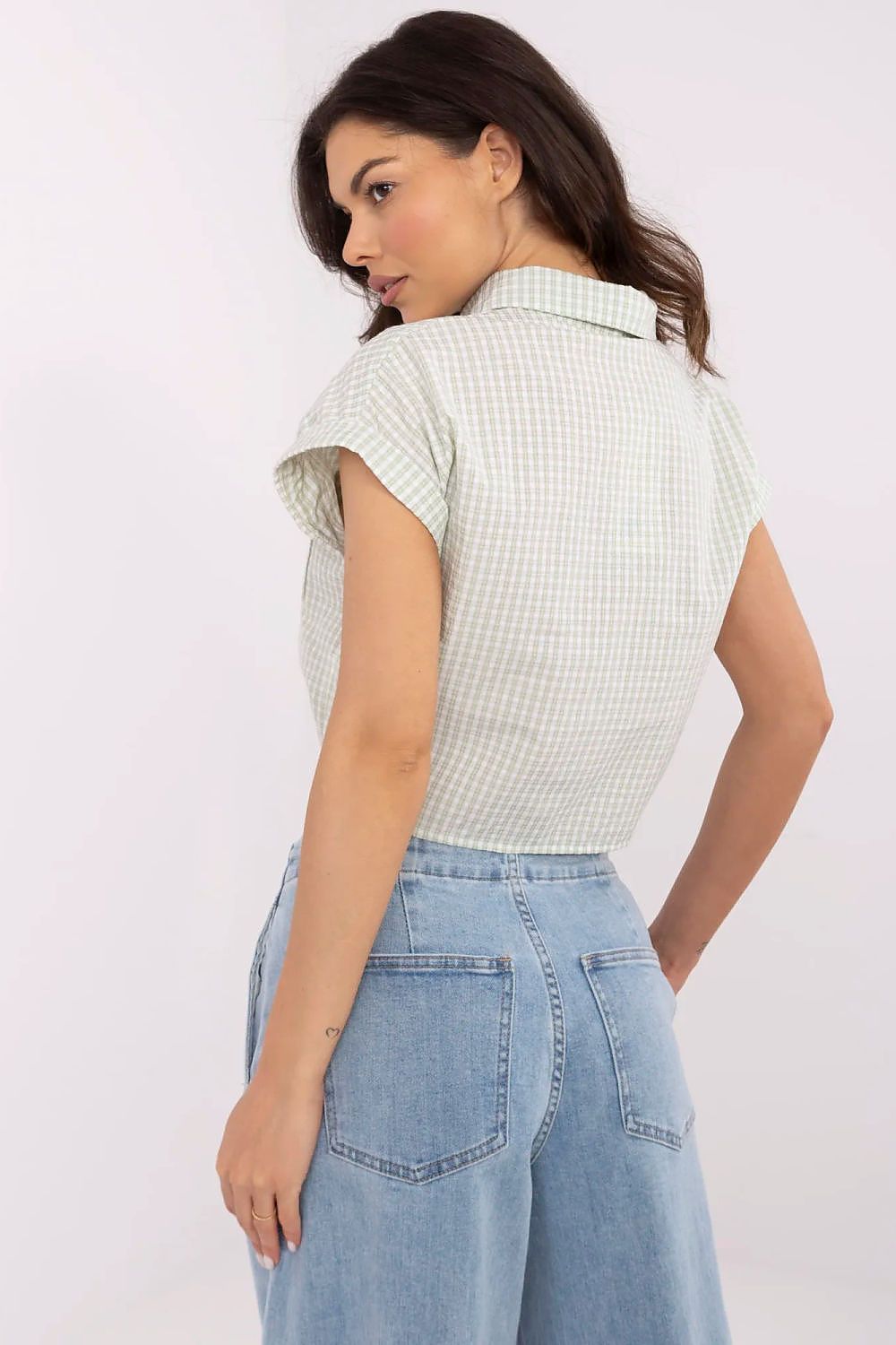 Blue Gingham Tie-Front Crop Shirt Top - Crop Tops