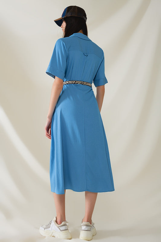 Blue Maxi Shirt Dress With Polo Collar - Dresses