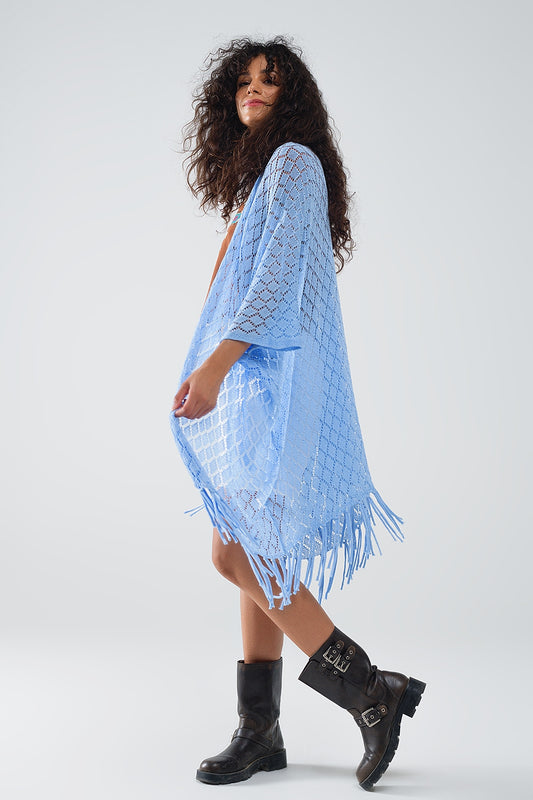 blue Open Cardigan With Fringe Ends and 3/4 sleeves - Cardigans