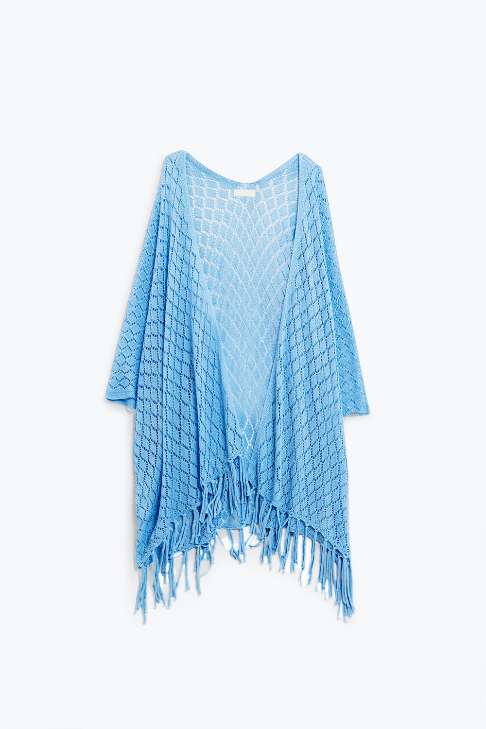 blue Open Cardigan With Fringe Ends and 3/4 sleeves - Cardigans