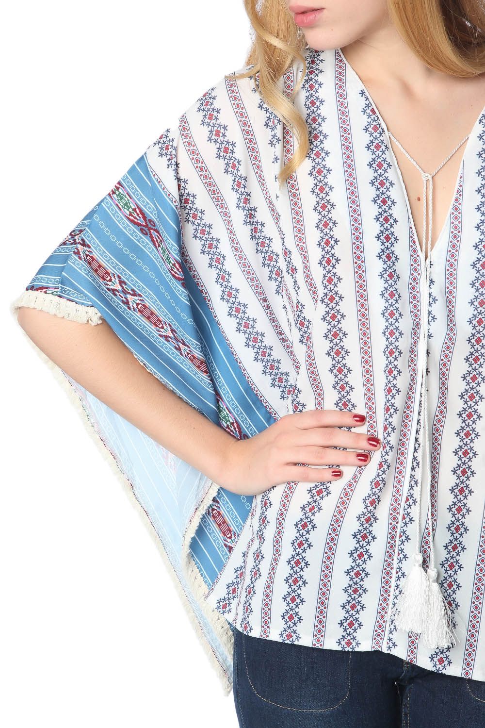 Blue oversized poncho top in tribe print - Coats and Jackets