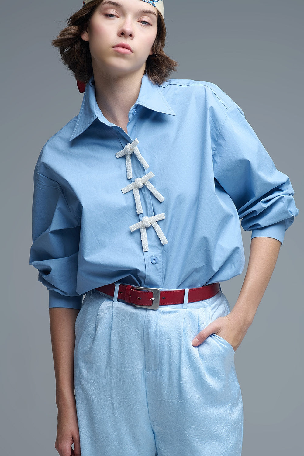 Blue Oversized Poplin Shirt With White Beaded Bow Buttons - Shirts
