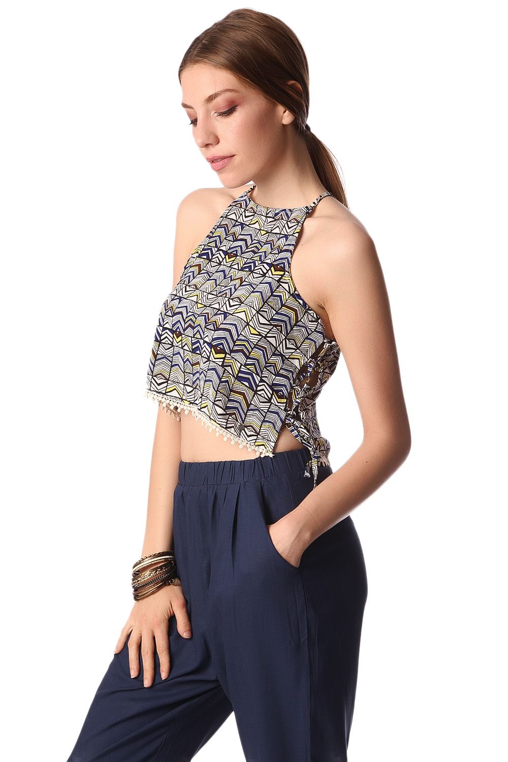 Blue printed crop top with lace up side detail - Crop Tops