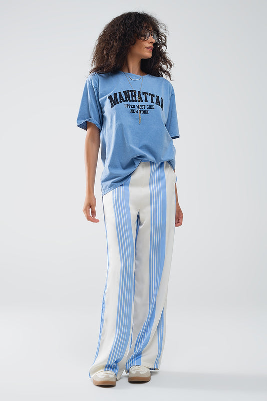 Blue relaxed T-shirt with manhattan text - T-Shirts