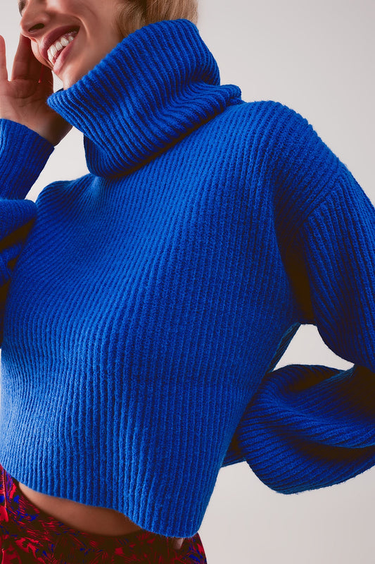 Blue ribbed knit turtleneck jumper with balloon sleeves - Jumpers