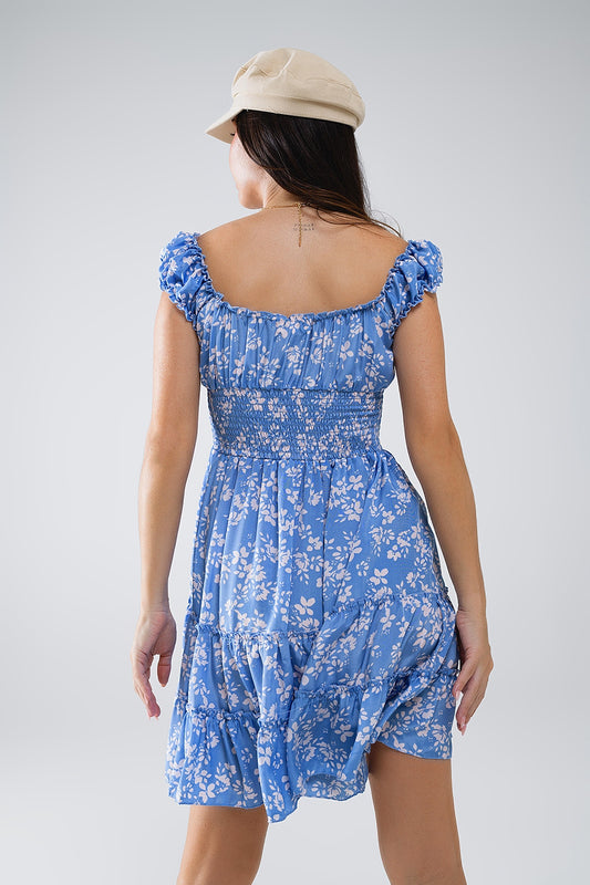 Blue Short dress With White Floral Print And Elastic Waist - Dresses