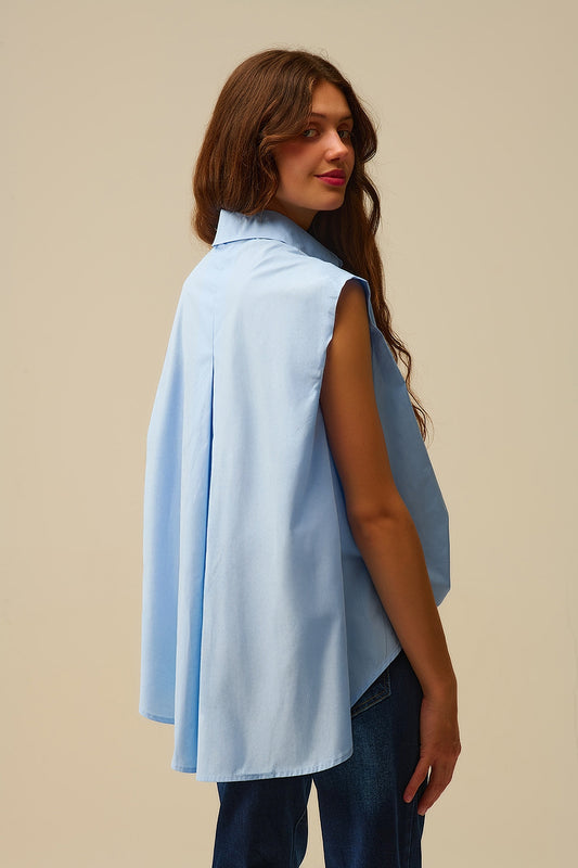 Blue Sleeveless Blouse with Heart-shaped Buttons - Shirts