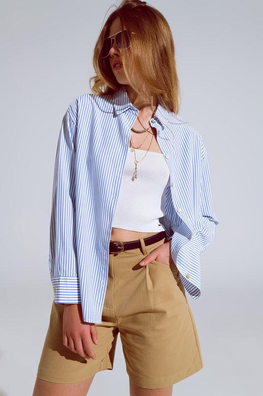 Blue Striped Button Up Blouse - Blouses