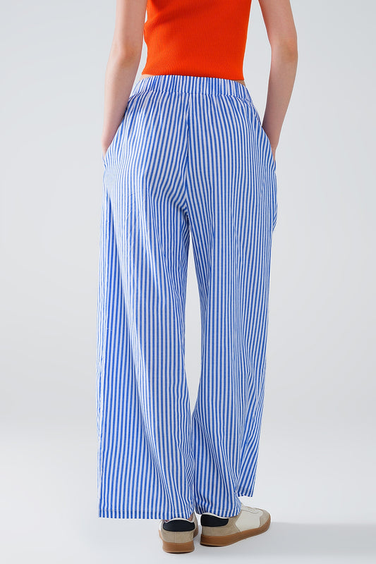 Blue Striped Pants with Elastic Waist and Pockets - Trousers