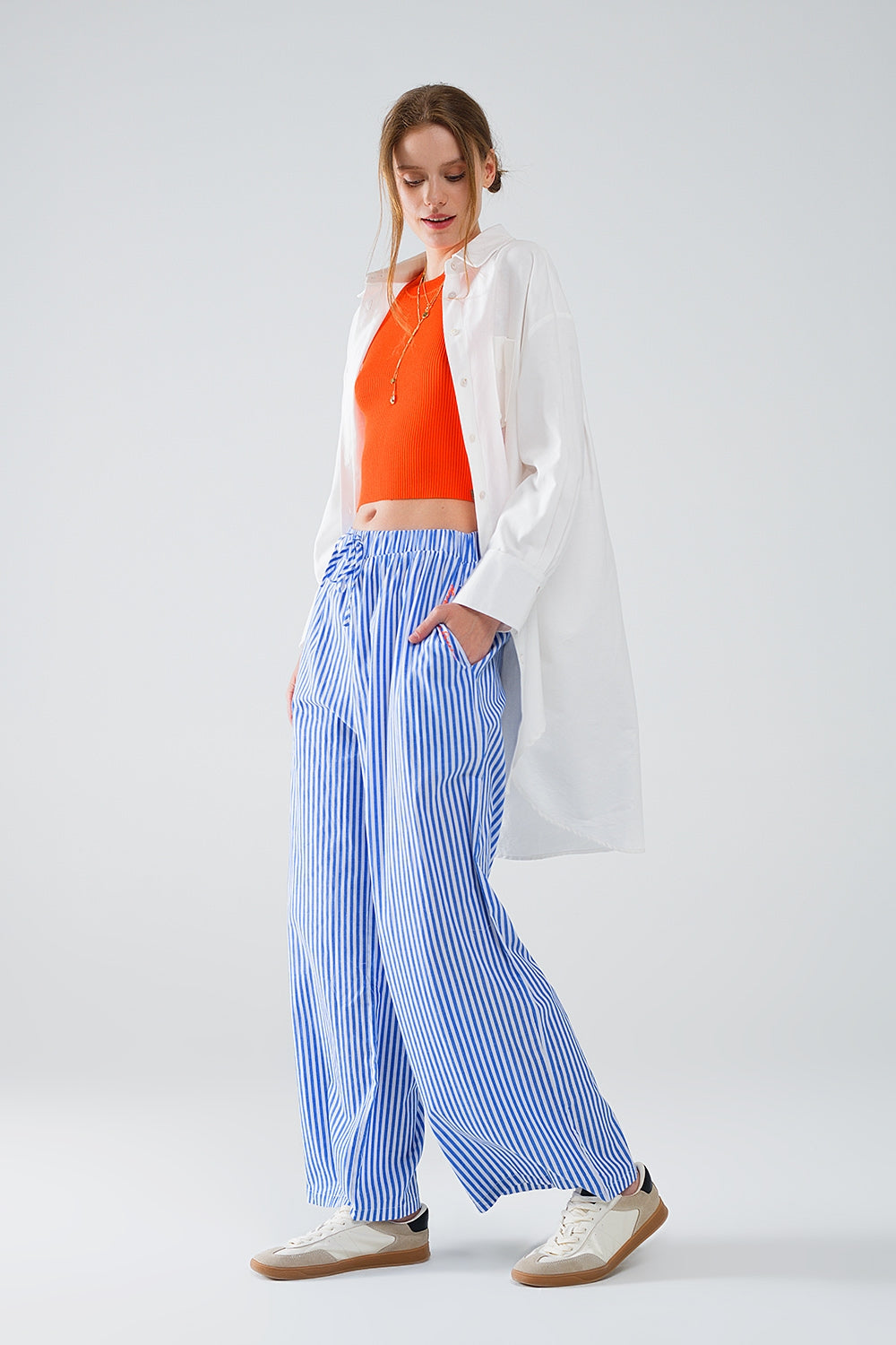 Blue Striped Pants with Elastic Waist and Pockets - Trousers
