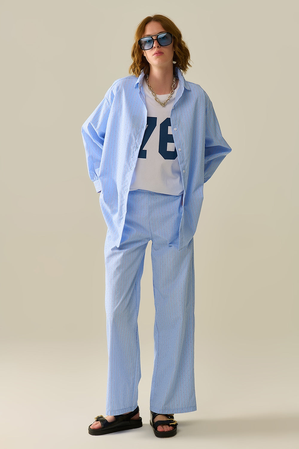 blue striped poplin shirt embellished with strass - Shirts