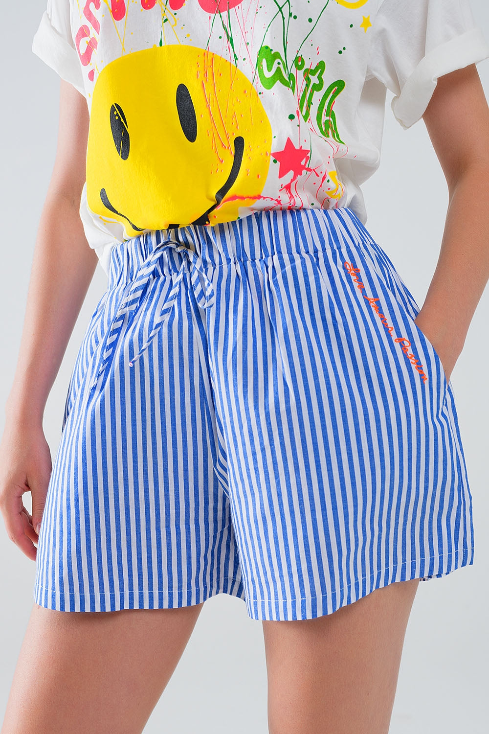 Blue Striped Shorts with Elastic Waist and Pockets - Trousers