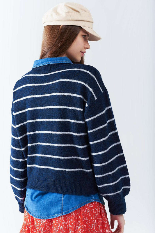 Blue striped sweater with red heart detail - Jumpers