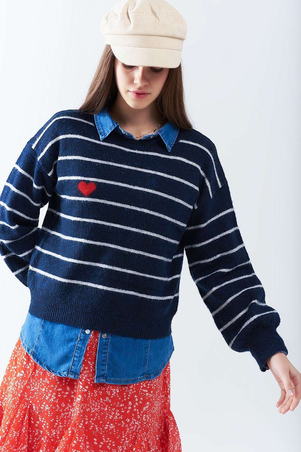 Blue striped sweater with red heart detail - Jumpers
