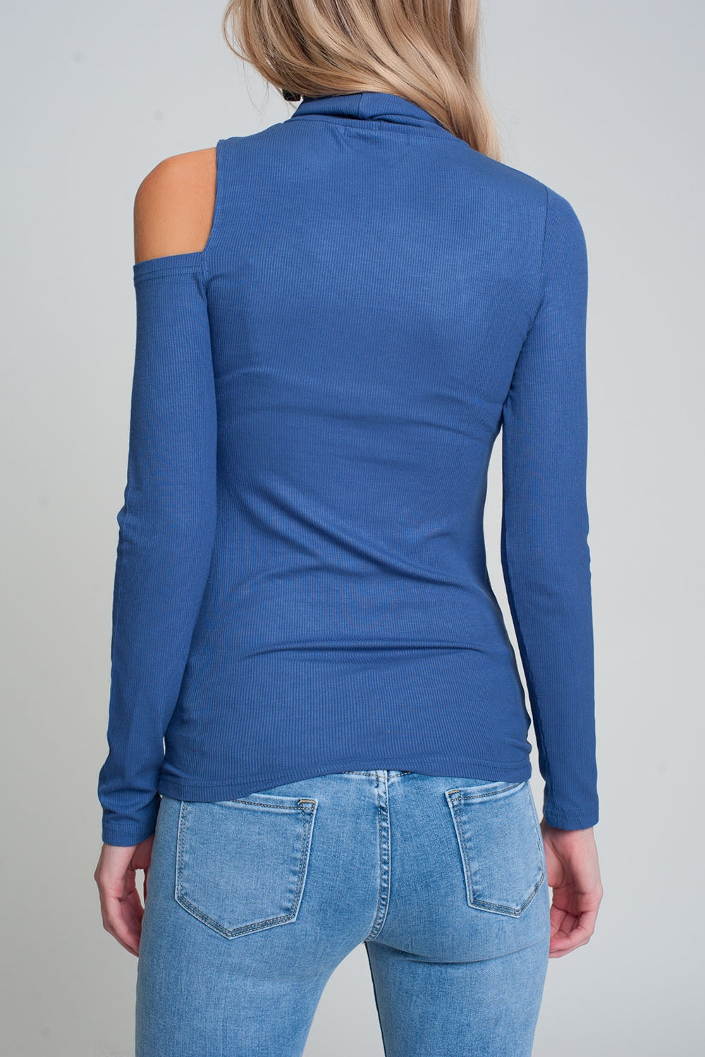 Blue sweater with one open shoulder and high neck - Jumpers