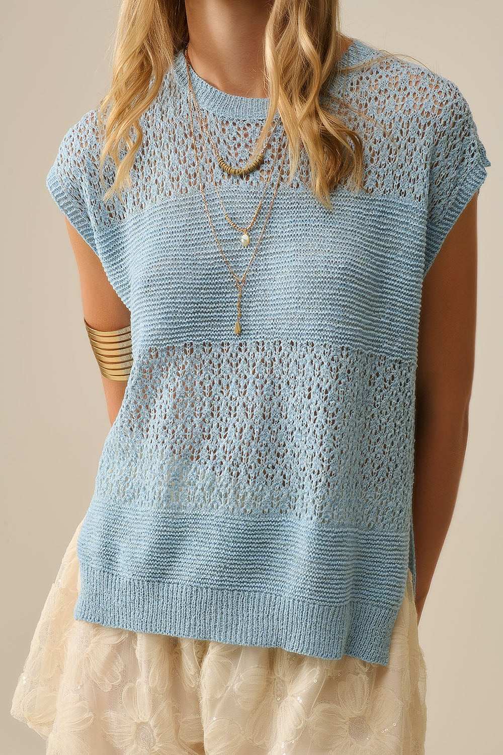 Blue sweater with soft open knit and dropped sleeves - Jumpers