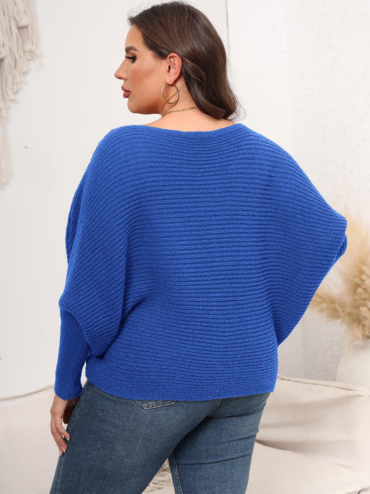 Full Size Boat Neck Batwing Sleeve Sweater - Sweaters
