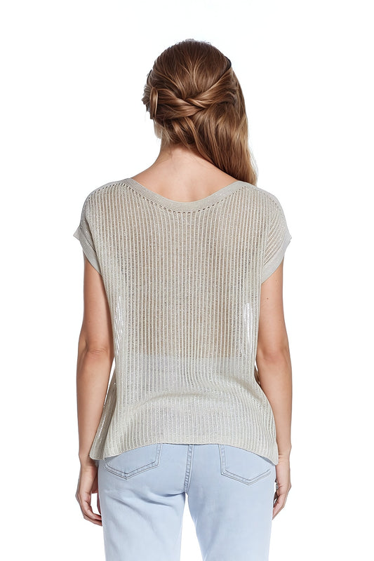 Boat Neck Ribbed Sweater With Cap Sleeves in Beige - T-shirts