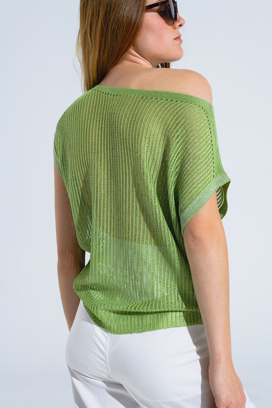 Boat Neck Ribbed Sweater With Cap Sleeves in Green - T-shirts